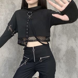 Damesjacks Halloween Hoodies Lange mouw Mesh Stitching Crop Tops Black Gothic Pullover Sweatshirts Streetwear Anime Hoodie 230131