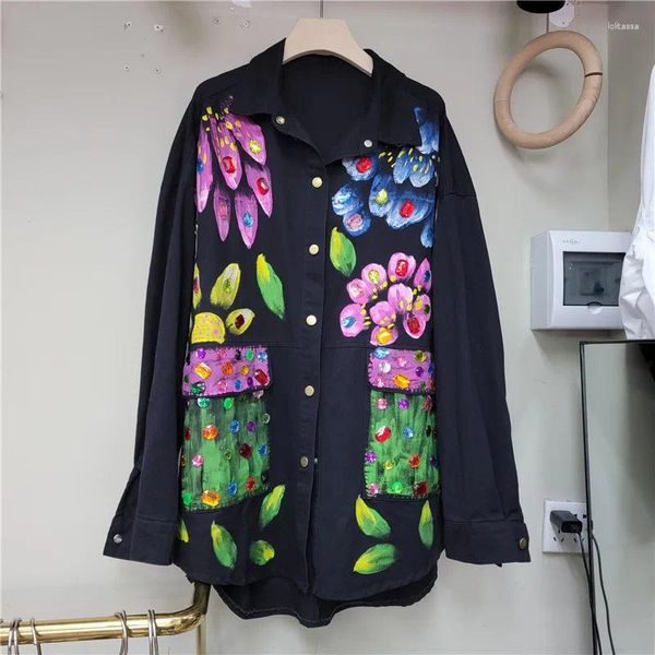 Chaquetas de mujer Pintado a mano Graffiti Estampado de flores Camisa de mezclilla Abrigo Primavera Mujeres Casual Diamante Bolsillo grande Manga larga Jeans Chaqueta Veste