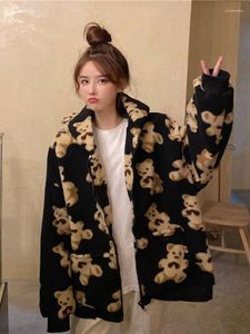 Damesjassen Harajuku Fashion Kawaii Bear Lamb Wol Coat Vrouwen vallen Winter 2022 All-match Warm Zip Up Hoodies Y2K Top Loose Casual