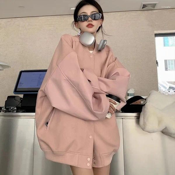 Chaquetas de mujer Harajuku rosa béisbol abrigo Vintage Kpop bombardero de gran tamaño coreano abrigos casuales sueltos ropa de calle Grunge
