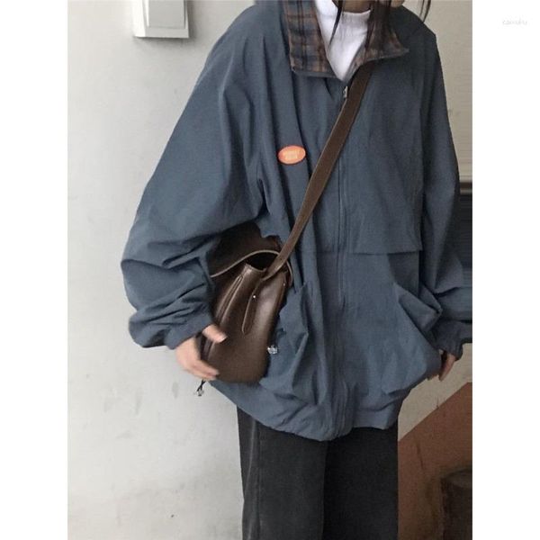 Chaquetas de mujer Harajuku Reversible Cargo Bomber mujer coreano Vintage Oversize Zip Plaid chaqueta Streetwear 90s Patchwork Coat