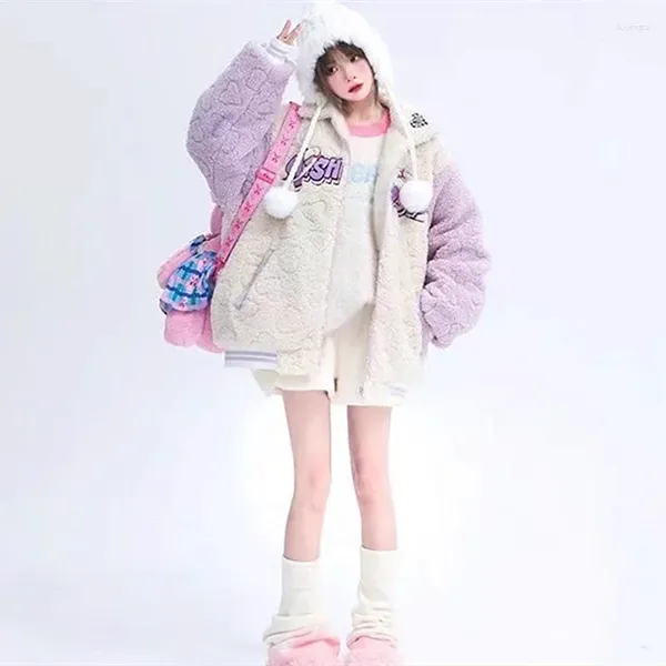 Chaquetas de mujer Harajuku abrigo de invierno de lana de cordero gruesa chaqueta de bordado de letras de Hip Hop para niñas y mujeres abrigo informal suelto de gran tamaño