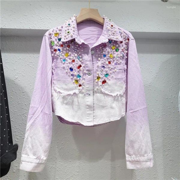 Vestes Femmes Harajuku Vintage Dégradé Violet Court Denim Manteau Lâche Casual Perle Perlée Diamant Effiloché Grande Poche Jeans Veste Printemps