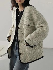 Damesjassen Harajuku Y2K Tweed Jas Dames Vintage Preppy Stijl Losse Jas Koreaanse Herfst Winter Dame Lange Mouw V-hals Ontwerp Uitloper