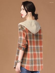 Vestes Femmes HCXR Femmes 2023 Automne Manches Longues Plaid Imprimer Manteau À Capuche Vintage Casual Simple Boutonnage Boutonné Outwear