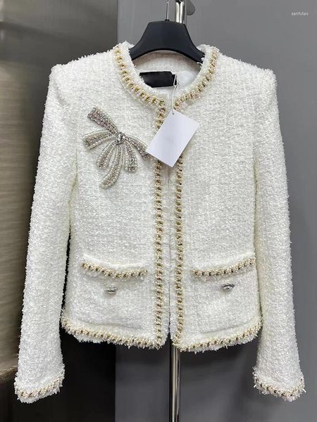 Vestes pour femmes Heavy Craft Beaded Diamond Crystal Bow décoré Tweed Manteau court Mode Veste tout-en-un pour l'automne et l'hiver