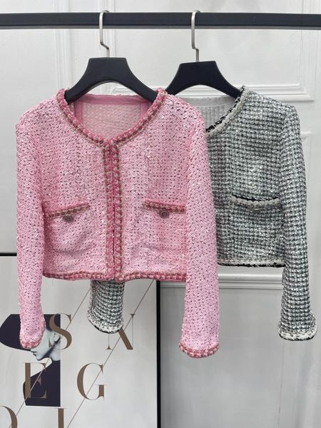 Vestes pour femmes industrie lourde tricoté rose paillettes col rond filature grossière manteau court