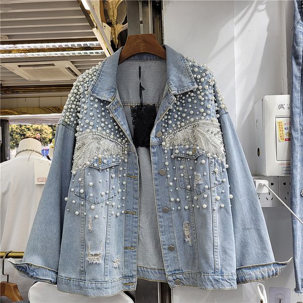 Vestes Femmes Travail lourd Perle Diamants Denim Veste Femmes Lâche Court Cowboy Vêtements d'extérieur Vintage Bleu Trous Grande Poche Jeans Veste Manteau Femme 230504