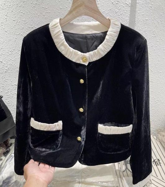 Chaquetas de mujer de gama alta, abrigo corto con contraste de terciopelo dorado, prendas de vestir versátiles de alta calidad, tendencia superior, otoño 2023