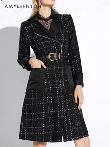 Vestes Femmes Haut de gamme Noir Plaid Laine Manteau Femmes 2024 Début Printemps Élégant Doux Collier Col Ceinture Slim Fit Tempérament Midi