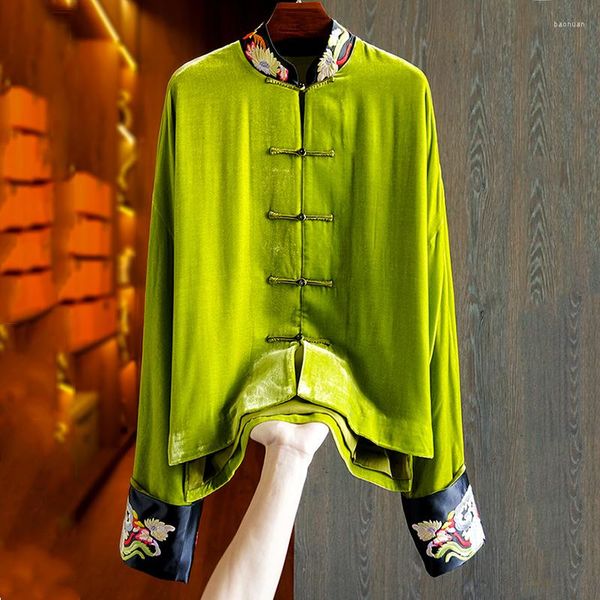 Vestes pour femmes haut de gamme élégant manteau de velours de soie vert femmes Vintage col montant broderie contraste couleur à manches longues veste d'automne