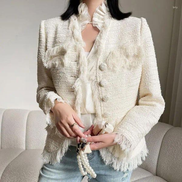 Vestes Femmes Haute Couture Tweed Bordure Design Blanc Col En V Manteau À Manches Longues Slim Blazer 2023 Automne Marque Veste Vêtements