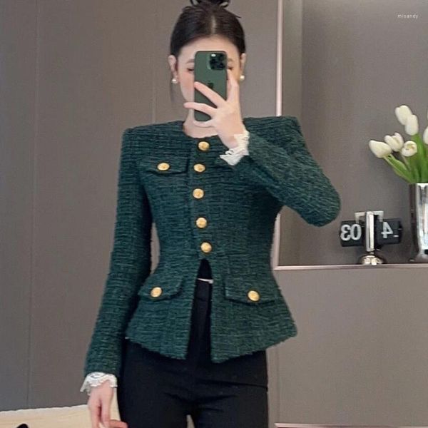 Vestes pour femmes de haute qualité 2023 automne petite encre parfumée vert épais veste en tweed taille minceur manteau de manchette en dentelle