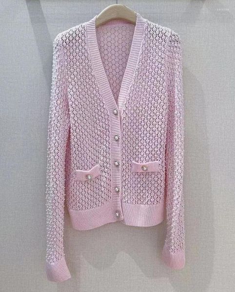 Vestes Femmes Haute Qualité 2023 Automne Hiver Cardigan tricoté Dames Col V Allover Crochet Tricot Perles Déco Casual Blanc Rose Manteaux