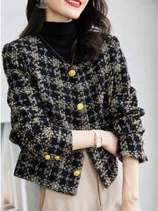 Chaquetas de mujer de alta calidad Otoño e Invierno pequeña fragancia Tweed abrigo señoras temperamento negro a cuadros prendas de vestir exteriores de lana