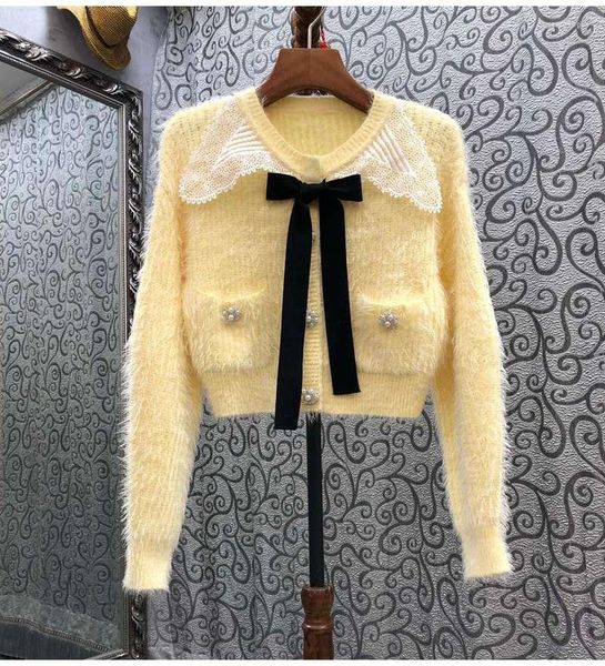 Vestes pour femmes haute qualité Cardigan 2023 automne hiver femmes vison cheveux tricot blanc dentelle perles bouton à manches longues jaune hauts manteau