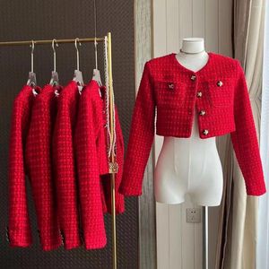 Damesjassen Hoge kwaliteit Chique Herfst Winter Rode Wollen Korte Jas Zoete Mode Dames O-hals Enkele rij knopen Tweed Weave Cropped