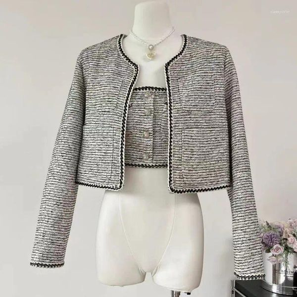 Chaquetas de mujer Conjuntos de alta calidad Conjuntos femeninos Elegantes Tweed Conjunto de dos piezas Mujer Otoño Invierno Chaqueta Abrigo Sujetador 2 Conjuntos Traje