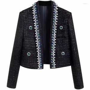Damesjassen Hoge kwaliteit ontwerp Vintage Tweed V-hals Diamanten Double Breasted Wollen korte jas Herfstmode Luxe jas