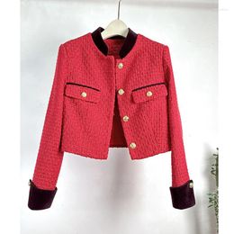 Chaquetas de mujer Moda de alta calidad Red Tweed Chaqueta Abrigo para mujer Otoño Invierno Vintage Stand Collar Woolen Blend Casual Lady Outerwear