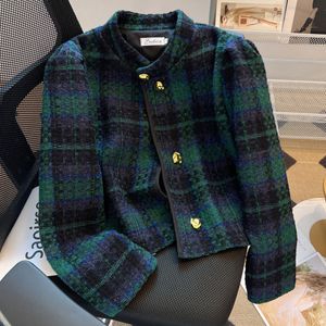Damesjassen hoogwaardige groene plaid tweed jas voor vrouwen herfst winter Franse retro dames western wollen korte jassen mode bovenkleding 230823