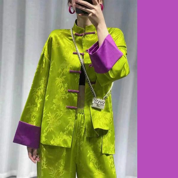 Chaquetas de mujer Primavera de alta calidad Moda Estilo chino Hojas Estampado Seda Mangas vuelta Contraste Color Chaqueta de un solo pecho S-XL