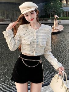 Damesjassen Hoge kwaliteit streetwear mode pailletten cropped tweed jas lente herfst double-breasted jas casual bovenkleding