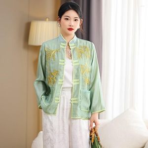 Vestes pour femmes de haute qualité été mode Style chinois col montant bambou broderie Double boutonnage poche femmes veste S-XXL
