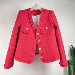 Vestes pour femmes magasin de tailleur de haute qualité personnaliser grand manteau court tressé à col en v avec bordure frangée sangle Tweed haut coton