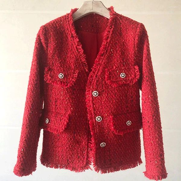 Chaquetas de mujer de alta calidad vintage borla roja tweed chaqueta abrigo mujeres otoño e invierno solo pecho lana oficina dama outwear