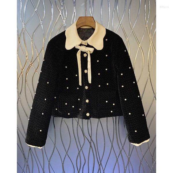 Chaquetas de mujer Lana de alta calidad 2023 Otoño Invierno Mujeres Turn-Down Collar Crystal Beading Bow Deco Manga larga Abrigo de lana negro