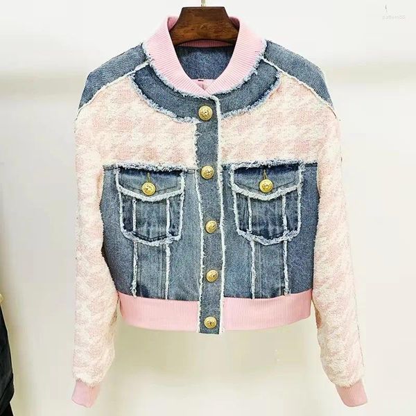 Vestes pour femmes High Street EST 2024 Veste de concepteur Boutons de lion Houndstooth Tweed Denim patchwork