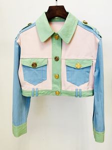 Vestes pour femmes HIGH STREET Date Designer Tops Femmes Casual Color Block Or Boutons Poches Patchwork Crop Denim Jacket 230505
