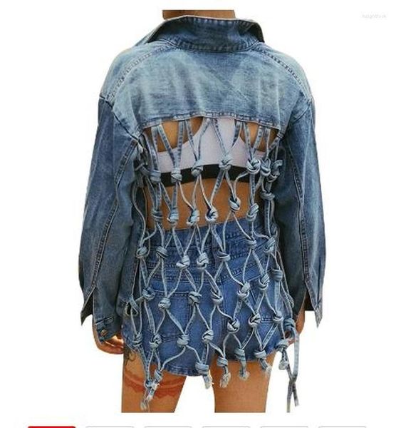Chaquetas de mujer High Street Tassel Jeans Jacket Mujer Backless Hollow Out Mujer Kpop Bandage Streetwear Casual Denim Washed Frayed