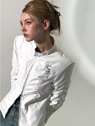 Vestes pour femmes Hikigawa Chic Mode Femmes Streetwear Vintage Y2k Blanc Plissé Zipper Faux Cuir Américain Slim Manteau Tops Ropa Mujer