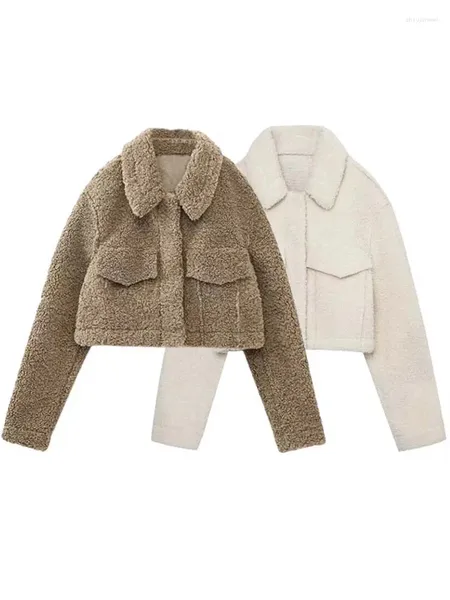 Chaquetas de mujer Holifeni 2024 Mujeres cepillado chaqueta corta abrigo moda vintage solo pecho manga larga con bolsillo casual otoño