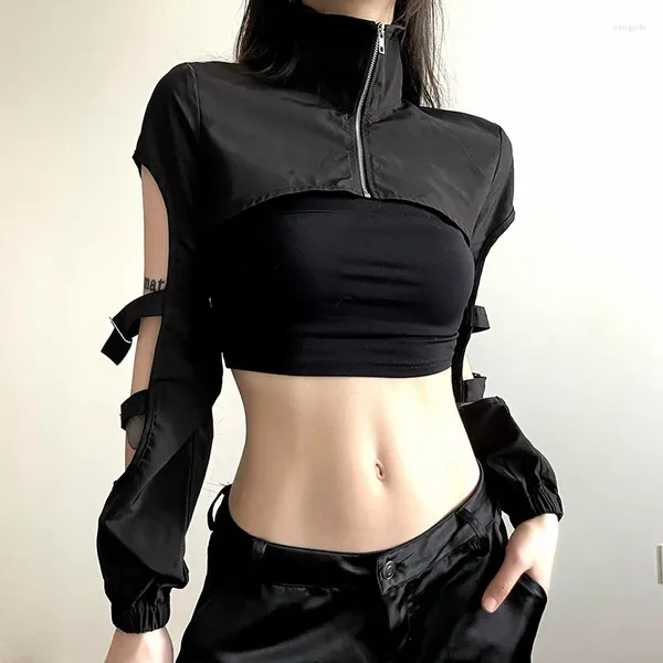 Vestes féminines creux de cardigans de cardigans de mode Techwear Cyber Gothic Inséniture Zip Up Sexy Crop Y2K Punk Trowear Streetwear Tops