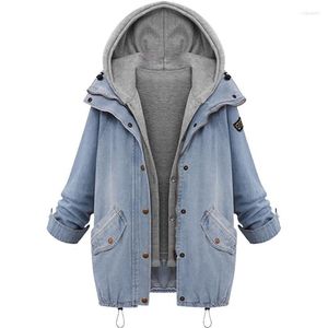 Vestes pour femmes cagoulé cordon de copie de petit ami Tendances Pockets Two Piece Coat 2022 Bleu à manches longues à manches simples de veste en jean