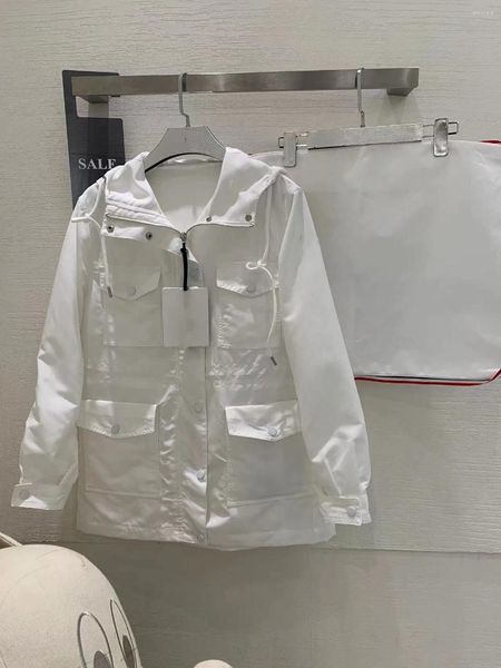 Chaquetas de Mujer Chaqueta con Capucha Abrigo Suelto Informal Cremallera Ligera Cuerda de tracción de Cuatro Bolsillos Blanco Caqui Negro S-L