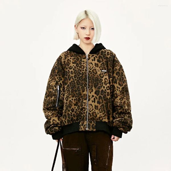 Chaquetas de mujer con capucha estampado de leopardo con cremallera de algodón para mujeres niñas invierno primavera gótica estética motocicleta rompevientos abrigos streetwear