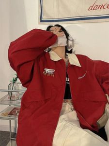 Vestes Femmes Houzhou 90s Vintage Red Jacktes Femmes Y2K Streetwear Rétro Lettre Bomber Veste Surdimensionnée Hip Hop Patchwork Harajuku Beige