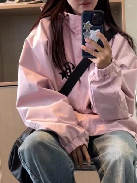 Chaquetas de mujer Houzhou estilo coreano Gorpcore Pink Track Mujeres Hippie Y2K Cremallera de gran tamaño Chaqueta cortavientos Harajuku Streetwear Outwear