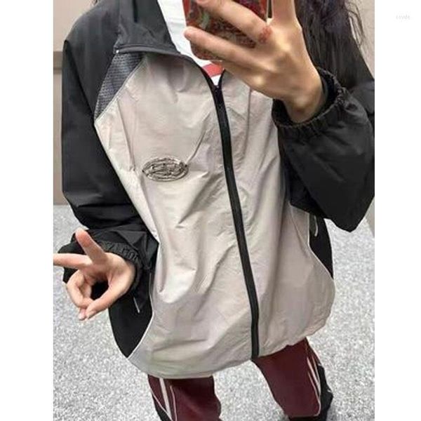 Chaquetas de mujer HOUZHOU, chaqueta Vintage Harajuku para mujer, ropa de calle de moda coreana con cremallera de gran tamaño, rompevientos de pista Kpop, pareja suelta