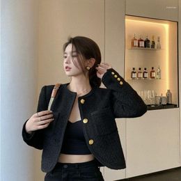 Damesjassen Hsa Klassiek Koreaans Crop Tweed Dames Elegant Luxe Kort Uitloper Single Breasted Vintage Chaquetas Lente Wolmengsels Co