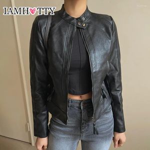 Damesjassen IAMTY Punkstijl losse Pu-leren jas Zwart Vintage Streetwear Ritsjas Herfst Chique Elegante Eenvoudige Bovenkleding Dames