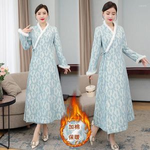 Jackets voor dames verbeterden Hanfu Jacket Dames Winter en herfst Chinese stijl 2023 Splited Lace Elegant Dikke Coat Dress