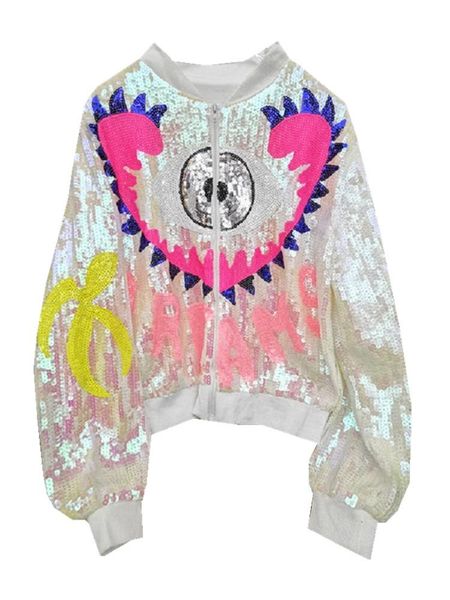 Chaquetas de mujer Ins Harajuku Punk Cool Women Cartoon Eye Bling Sequined Jacket Hip Hop Girls Colorful Baseball Bomber Zipper Top OuterwearWo