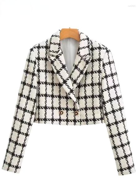 Femmes vestes veste manteaux 2023 en automne hiver mode décontracté à manches longues Plaid vêtements d'extérieur courts Sexy Slim Fit Blazer femmes