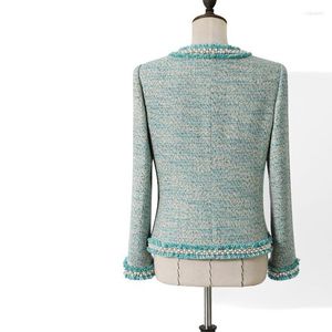 Vestes Femme Veste Vert Tweed Perlé Fait Main Vintage Printemps/Automne Manteau Col Rond Petit Parfumé