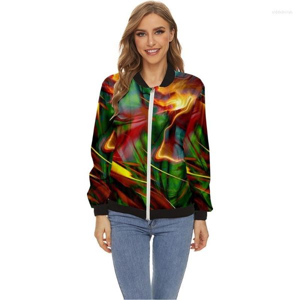 Chaquetas de mujer Chaqueta Tops Manga larga Líneas fluorescentes Estampado Cuello de béisbol Abrigo con cremallera Slim Lady Girls Bomber Street Style